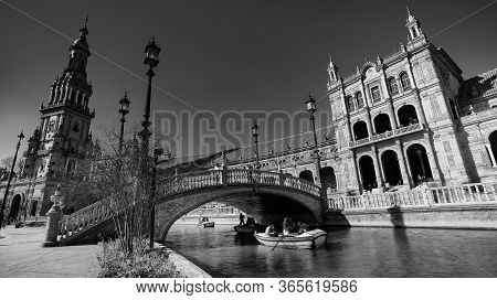 Seville, Spain - 10 February 2020 : Black And White Photography Of Plaza De Espana Spain Square Arch