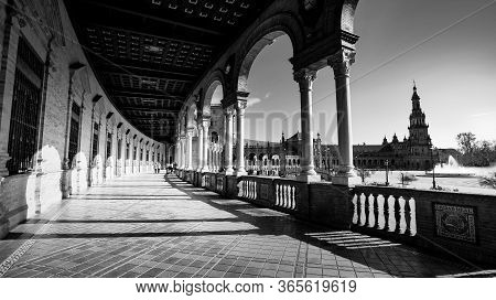 Seville, Spain - 10 February 2020 : Black And White Photography Of Plaza De Espana Spain Square Arch