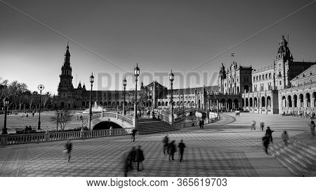Seville, Spain - 10 February 2020 : Black And White Photography Of Plaza De Espana Spain Square Arch