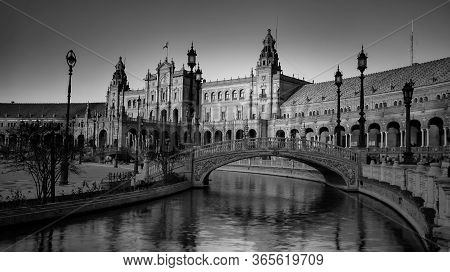 Seville, Spain - 10 February 2020 : Black And White Photography Of Plaza De Espana Spain Square Arch