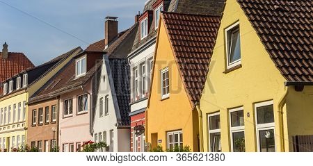 Schleswig, Germany - June 25, 2019: Panorama Of Colorful Houses In Schleswig, Germany