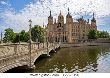 Bridge To The Schwerin Castle Or Schwerin Palace, In German Schweriner Schloss, A Romantic Landmark 