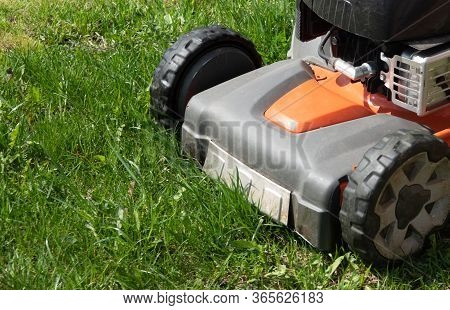 Man Moves With Lawnmower Mows Green Grass