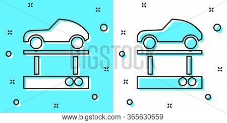 Black Line Repair Car On A Lift Icon Isolated On Green And White Background. Repair Of The Underbody