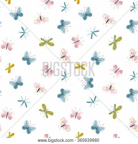 Beautiful Vector Seamless Pattern With Watercolor Hand Drawn Cute Butterflies. Stock Illustration.