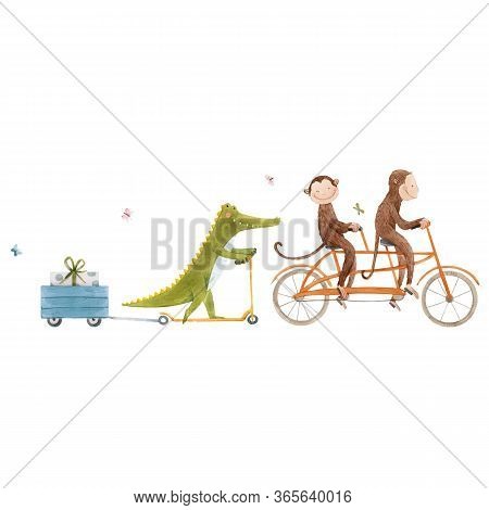 Beautiful Vector Stock Illustration With Watercolor Hand Drawn Cute Animals On Transport.