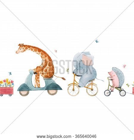 Beautiful Vector Seamless Pattern For Children With Watercolor Hand Drawn Cute Animals On Transport.