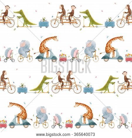 Beautiful Vector Seamless Pattern For Children With Watercolor Hand Drawn Cute Animals On Transport.