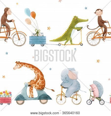 Beautiful Vector Seamless Pattern For Children With Watercolor Hand Drawn Cute Animals On Transport.