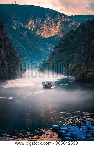 Matka, North Macedonia - August 26, 2018: Beautiful Matka Canyon Near Skopje With People Kayaking An