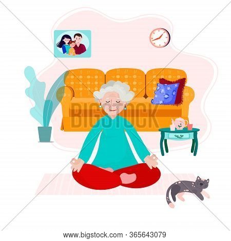Old Woman Stay Home And Meditate. Senior Lady Practice Yoga In The Room, Cat Is Next To Her. Inside 
