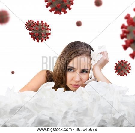 Young Woman With A Lot Of Hankys Among Coronavirus Cells. Isolated On White Background.