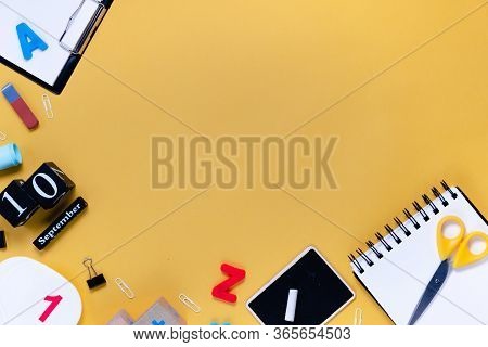 Notepad And Notebooks With Stationery. Golden, White, Pink And Black Stationery Back To School Conce