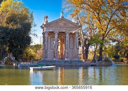 Rome. Laghetto Di Borghese Lake And Temple Of Asclepius In Rome, Capital Of Italy