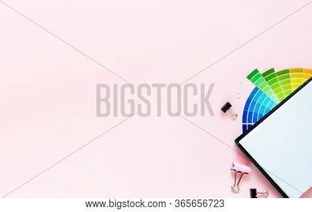 Color Palett Spectrum Fans Laying On Pank Background. Top Horizontal View Copyspace Stationery. Iner