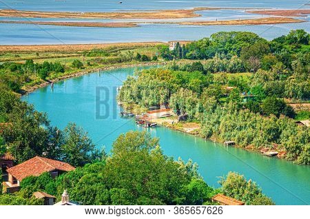 Aerial View Of Torcello Islands, Water Canal With Fishing Boats, Green Trees And Bushes, Swamp. View