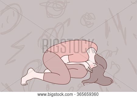 Despair, Frustration, Depression Concept. Young Depressed Desperate Woman Or Girl Cartoon Character 