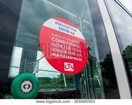 Strasbourg, France - May 9, 2020: Door Doesent Work - Special Condition Instruction Inside Public Tr