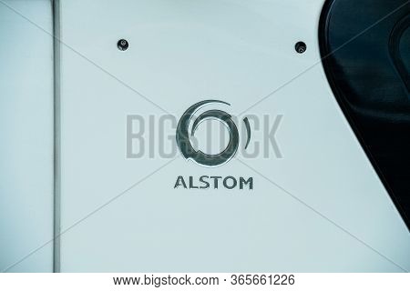 Strasbourg, France - May 9, 2020: Alstom Logotype On A New Tramway White Body In French City Of Stra
