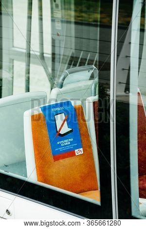 Strasbourg, France - May 9, 2020: Special Condition Instruction Inside Public Transportation Of Stra