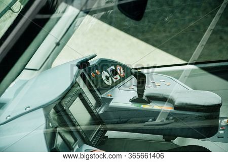 Strasbourg, France - May 9, 2020: Interior View Of Alstom Tramway Cockpit Withy Multiple Knobs And L