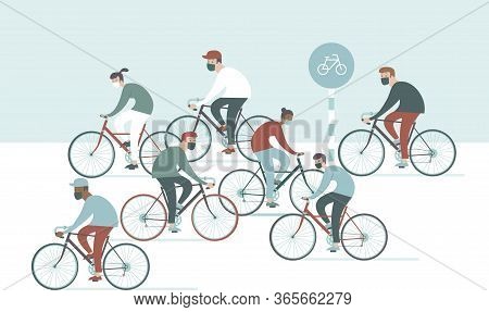 Crowd Of Cyclist on daly Exercise wearing Protective Face Masks During The Coronavirus Covid-19 Outb