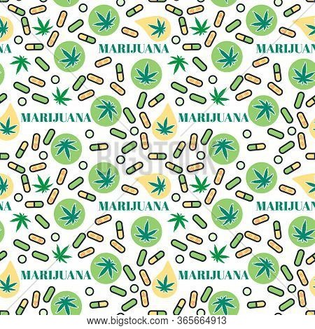 Marjuana Pills Seamless Pattern With Leaf Hemp. Organic Cannabis Thc Tablets. Vector Texture On Whit
