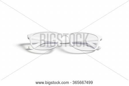 Blank White Eye Glasses With Frame Mock Up, Front View, 3d Rendering. Empty Plastic Optical Eyewear 