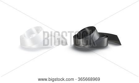 Blank Black And White Rolled Silk Ribbon Mockup, Front View, 3d Rendering. Empty Present Inkle Reel 