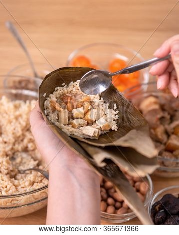 Making Zongzi - Ingredient Of Chinese Rice Dumpling Zongzi Making On Table At Home For Dragon Boat F