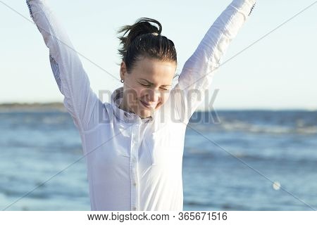 Beautiful Happy Cheerful Girl, Positive Young Successful Woman In White Shirt Having Fun, Celebratin