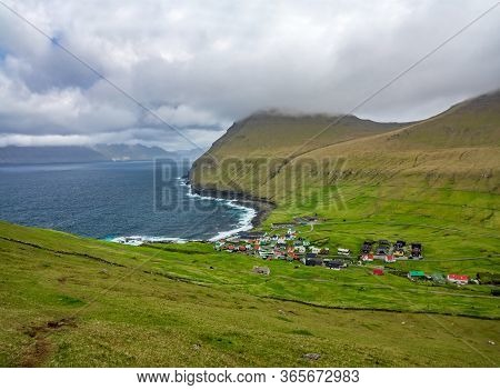 Gjogv Village Near The Ocean Top View In Faroe Islands
