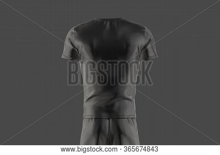 Blank Black Soccer Uniform With T-shirt Short Mockup, Dark Background, 3d Rendering. Empty Playing S
