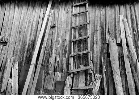 Old Weathered Wooden Ledder In Front Of Barn Almost Ruined. Background And Rural View