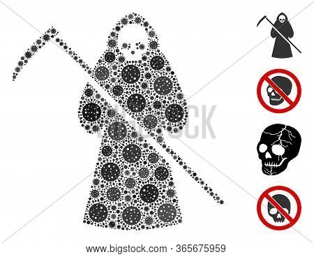 Collage Death Scytheman Designed From Sars Virus Icons In Random Sizes And Color Hues. Vector Infect