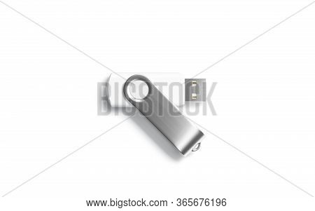 Blank White Opened Usb Stick Mock Up, Top View, 3d Rendering. Empty Memo Pendrive For Pc Connection 
