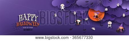 Happy Halloween Banner Trick Or Treat With Night Clouds, Witch, Vampire, Ghost, Bats In Paper Cut St