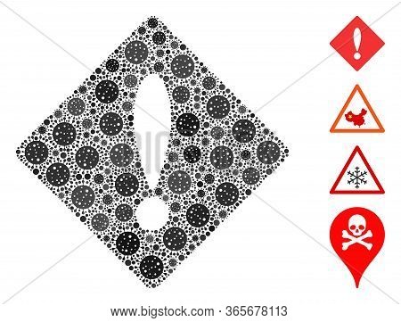 Collage Error Constructed From Covid-2019 Virus Icons In Various Sizes And Color Hues. Vector Pathog