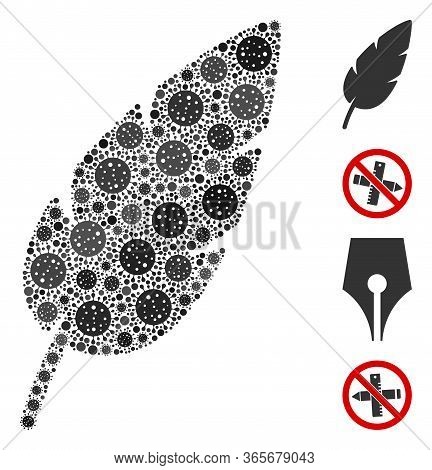 Collage Feather Organized From Coronavirus Icons In Variable Sizes And Color Hues. Vector Pathogen I