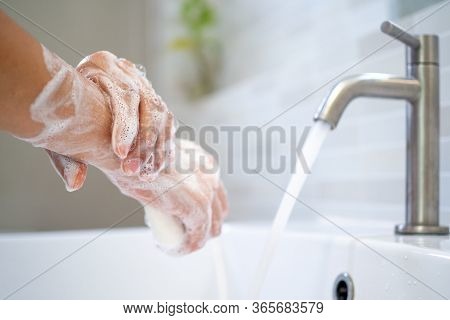 Washing Hands With Soap And Water. Women Scrub Hand Soap With Wash Basin .the Concept Of Hand Hygien