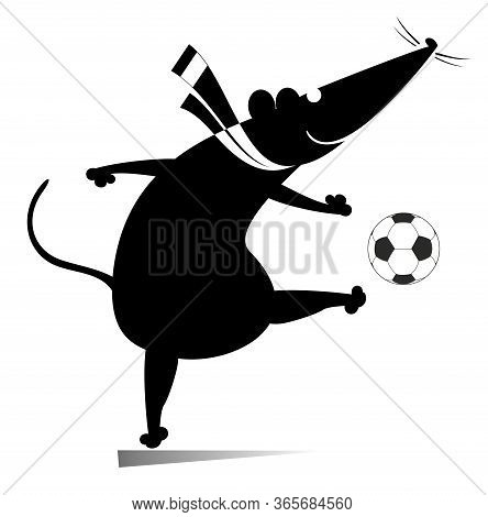 Cartoon Rat Or Mouse Plays Football Illustration. Cartoon Rat Or Mouse Kicks A Ball Black On White