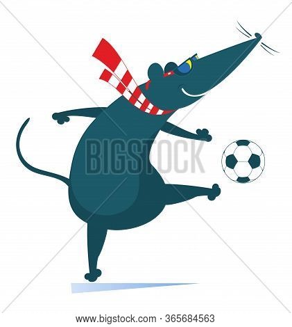 Cartoon Rat Or Mouse Plays Football Illustration. Cartoon Rat Or Mouse Kicks A Ball Isolated On Whit