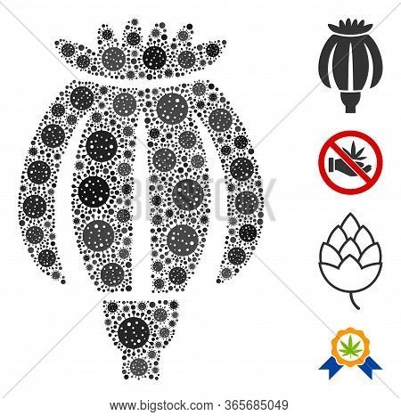 Collage Opium Poppy United From Covid-2019 Virus Icons In Random Sizes And Color Hues. Vector Viral 