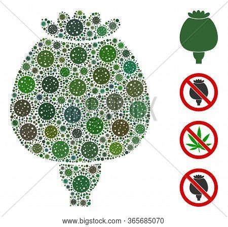 Collage Opium Poppy Constructed From Coronavirus Items In Different Sizes And Color Hues. Vector Pat