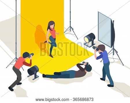 Photo Session. Model Posing In Art Studio On Podium Professional Photographer Working Making Digital
