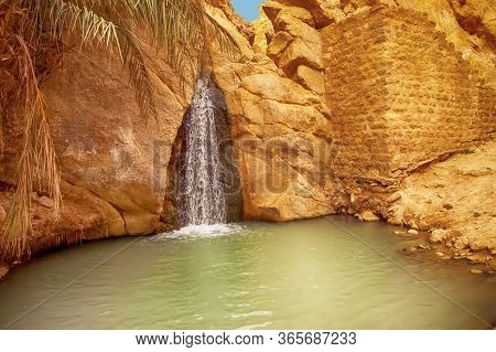 View Of Waterfall In Mountain Oasis Chebika, Sahara Desert, Tunisia