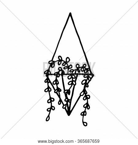 Doodle Plant In A Faceted Pot. Hand-drawn Leaves With Poly Ornamental Flower Pot. Outline Of A Home 