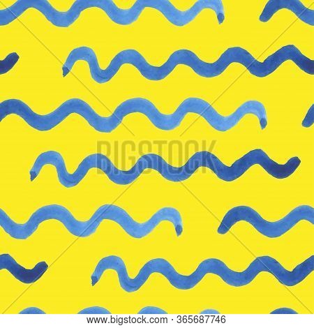 Watercolor Seamless Vector Pattern. Blue Strokes Of Paint Wave Isolated On Yellow Background. Stains