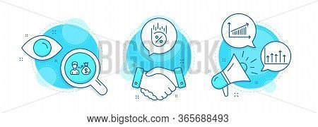 Chart, Loan Percent And Growth Chart Line Icons Set. Handshake Deal, Research And Promotion Complex 