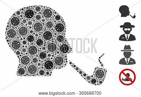 Mosaic Smoking Detective Organized From Flu Virus Elements In Different Sizes And Color Hues. Vector